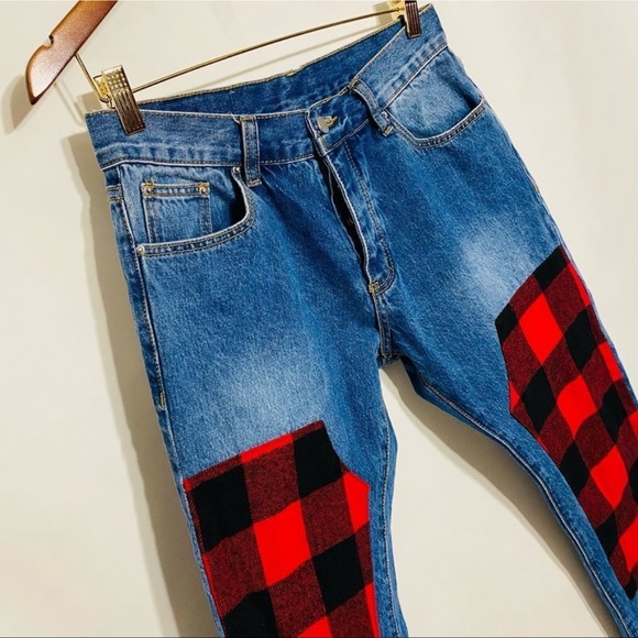 [NWOT] MNML Mens Medium Blue Red Plaid Patchwork Denim Jeans Size 36 - Picture 4 of 10